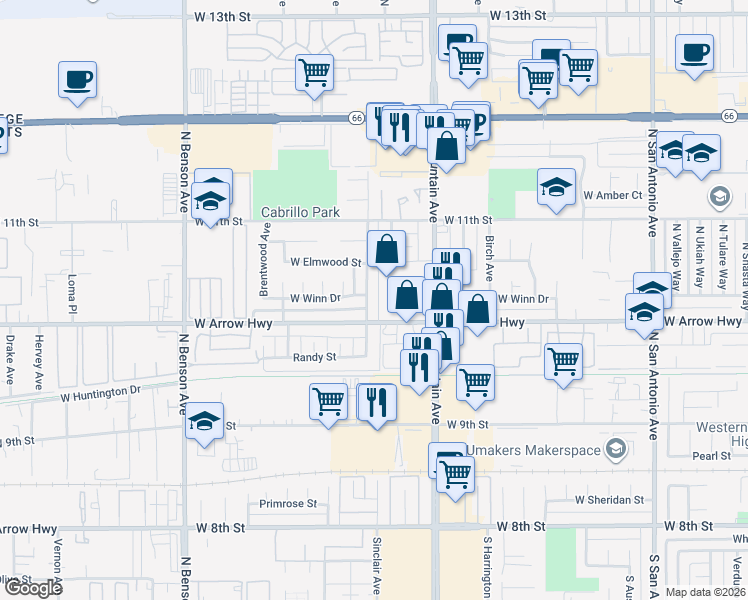 map of restaurants, bars, coffee shops, grocery stores, and more near 562 Silverwood Avenue in Upland