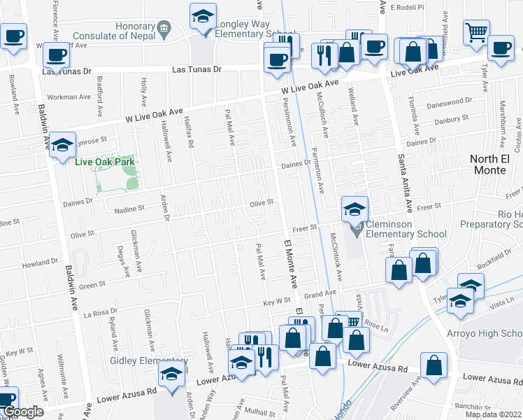 map of restaurants, bars, coffee shops, grocery stores, and more near 10639 Olive Street in Temple City