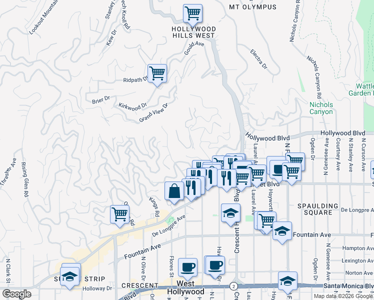 map of restaurants, bars, coffee shops, grocery stores, and more near 1635 Woods Drive in Los Angeles