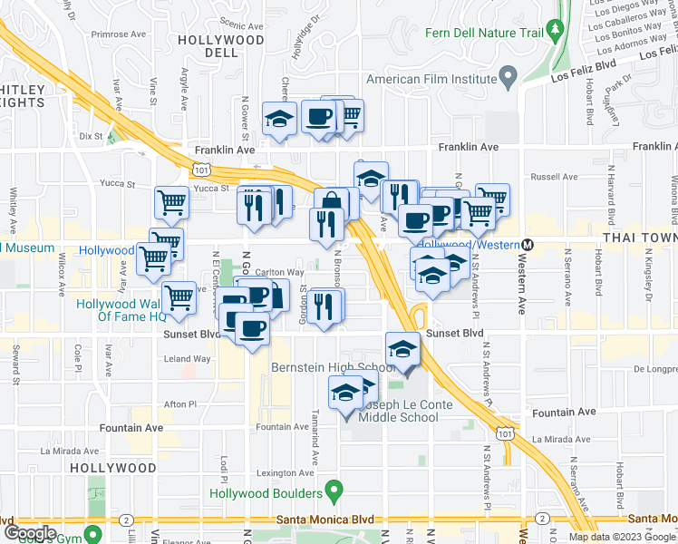 map of restaurants, bars, coffee shops, grocery stores, and more near North Bronson Avenue & Carlton Way in Los Angeles