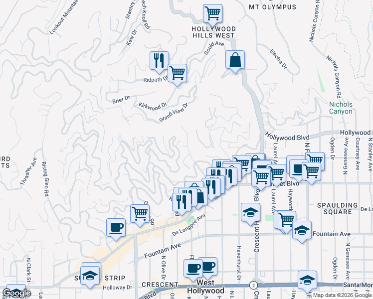 map of restaurants, bars, coffee shops, grocery stores, and more near 1635 Marmont Avenue in Los Angeles