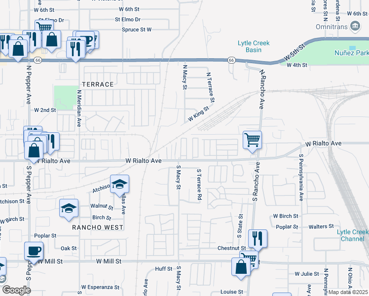 map of restaurants, bars, coffee shops, grocery stores, and more near 2280 West Rialto Avenue in San Bernardino