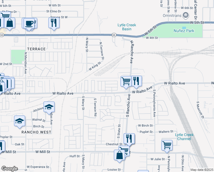 map of restaurants, bars, coffee shops, grocery stores, and more near 2160 West Rialto Avenue in San Bernardino