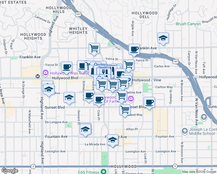 map of restaurants, bars, coffee shops, grocery stores, and more near in Los Angeles