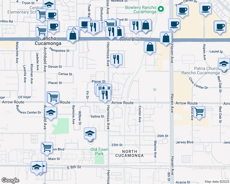 map of restaurants, bars, coffee shops, grocery stores, and more near 8421 Western Trail Place in Rancho Cucamonga