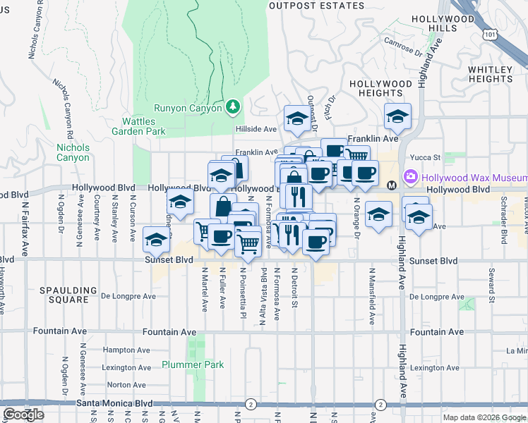 map of restaurants, bars, coffee shops, grocery stores, and more near 1643 North Formosa Avenue in Los Angeles