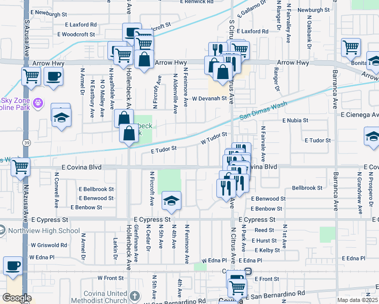 map of restaurants, bars, coffee shops, grocery stores, and more near 1146 North Fenimore Avenue in Covina