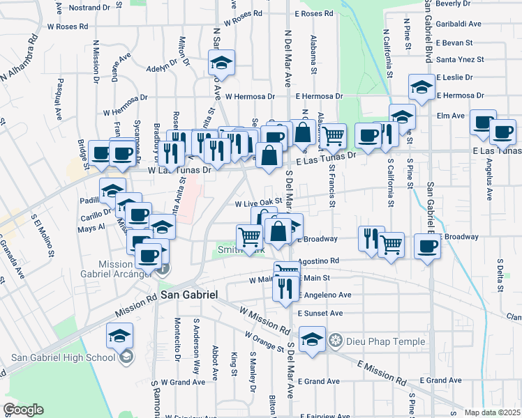 map of restaurants, bars, coffee shops, grocery stores, and more near 127 West Live Oak Street in San Gabriel