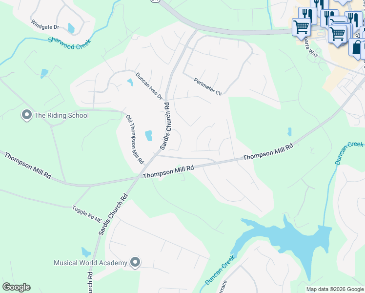 map of restaurants, bars, coffee shops, grocery stores, and more near 4581 Millstone Walk Drive Northeast in Buford