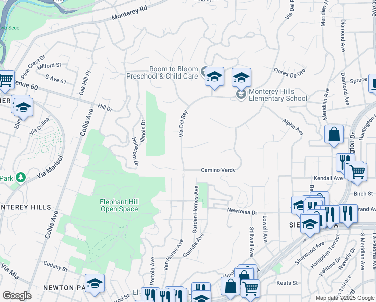 map of restaurants, bars, coffee shops, grocery stores, and more near 407 La Terraza Street in South Pasadena