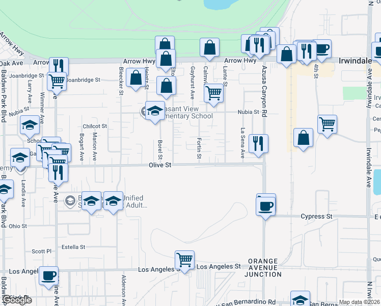 map of restaurants, bars, coffee shops, grocery stores, and more near 15163 Masline Street in Baldwin Park