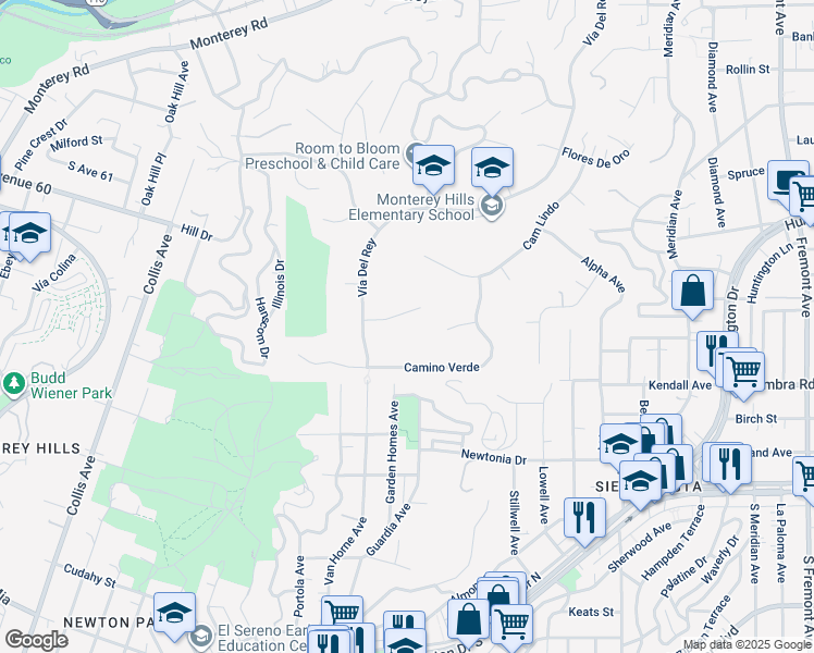 map of restaurants, bars, coffee shops, grocery stores, and more near 431 La Terraza Street in South Pasadena