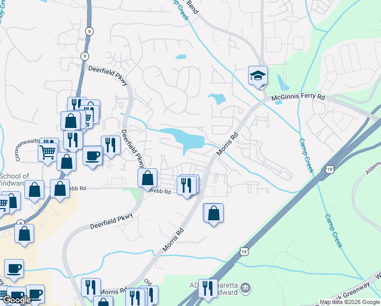 map of restaurants, bars, coffee shops, grocery stores, and more near 3413 Lathenview Court in Alpharetta