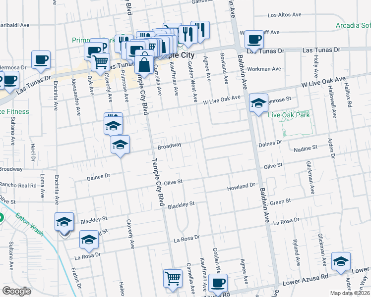 map of restaurants, bars, coffee shops, grocery stores, and more near 9665 Broadway in Temple City