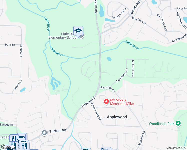 map of restaurants, bars, coffee shops, grocery stores, and more near 406 Islandora Cove in Woodstock