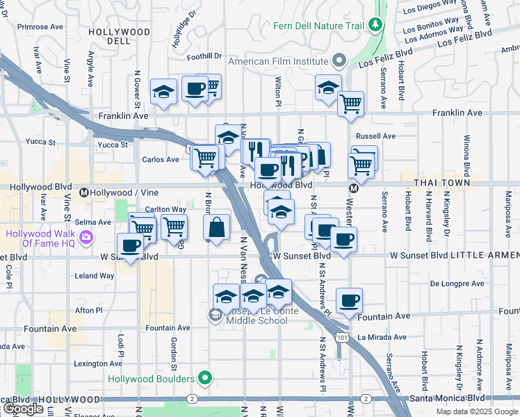 map of restaurants, bars, coffee shops, grocery stores, and more near Carlton Way in Los Angeles