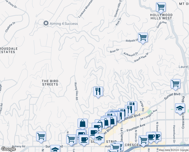 map of restaurants, bars, coffee shops, grocery stores, and more near 1611 Sunset Plaza Drive in Los Angeles