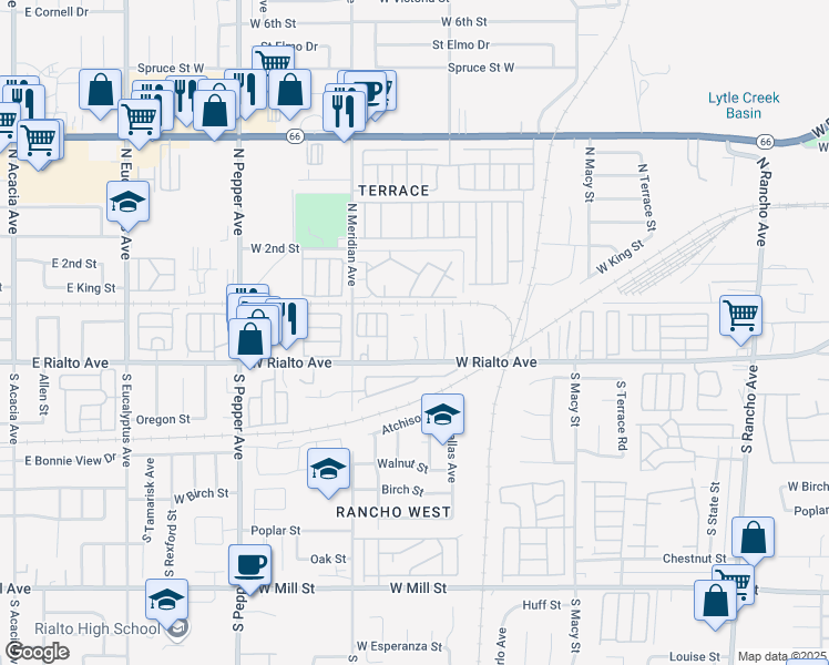 map of restaurants, bars, coffee shops, grocery stores, and more near East King Street in San Bernardino