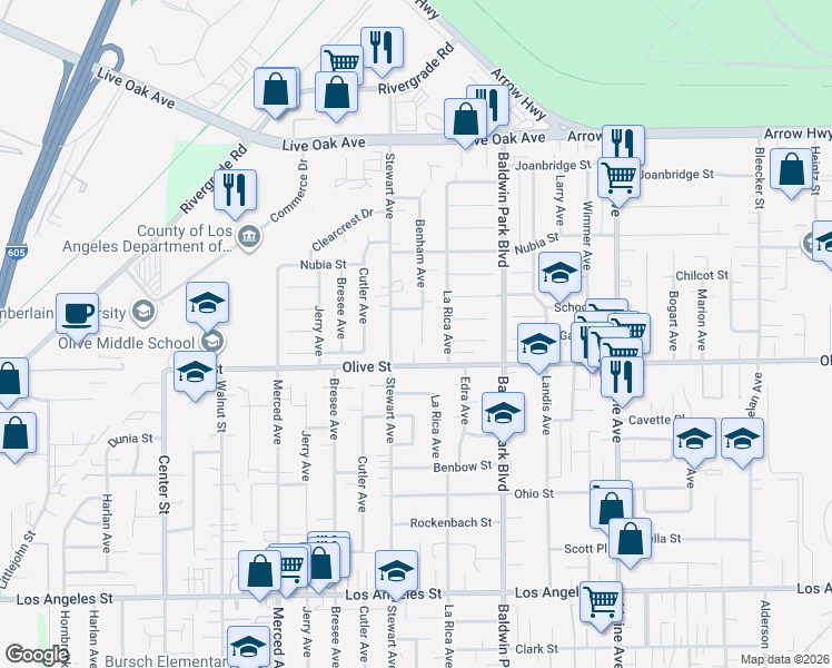 map of restaurants, bars, coffee shops, grocery stores, and more near 4833 Benham Avenue in Baldwin Park