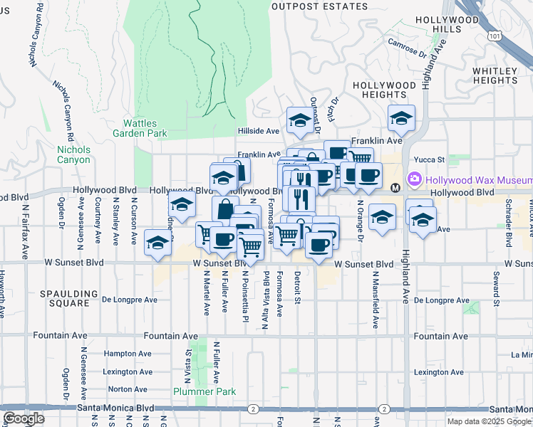 map of restaurants, bars, coffee shops, grocery stores, and more near 1623 North Formosa Avenue in Los Angeles