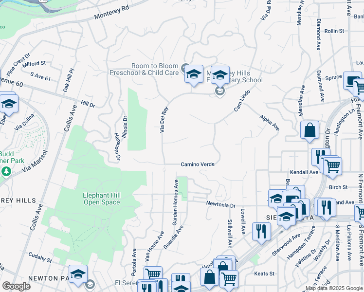 map of restaurants, bars, coffee shops, grocery stores, and more near 431 La Terraza Street in South Pasadena