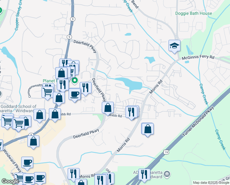 map of restaurants, bars, coffee shops, grocery stores, and more near 3379 Lathenview Court in Alpharetta