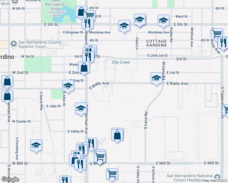 map of restaurants, bars, coffee shops, grocery stores, and more near 525 East Rialto Avenue in San Bernardino