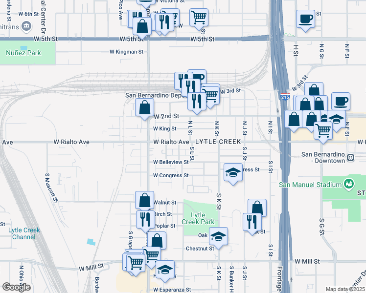 map of restaurants, bars, coffee shops, grocery stores, and more near 1180 West Rialto Avenue in San Bernardino