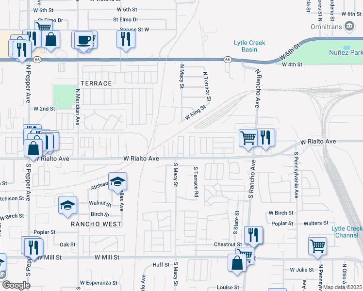 map of restaurants, bars, coffee shops, grocery stores, and more near 2280 West Rialto Avenue in San Bernardino