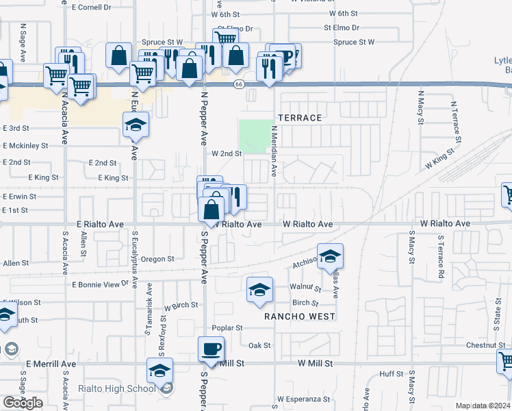 map of restaurants, bars, coffee shops, grocery stores, and more near North Meridian Avenue in San Bernardino
