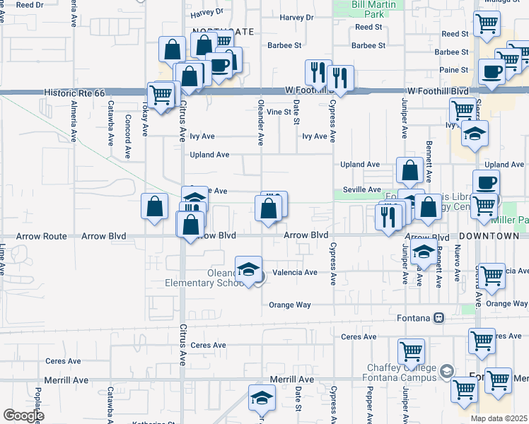 map of restaurants, bars, coffee shops, grocery stores, and more near 8403 Oleander Avenue in Fontana