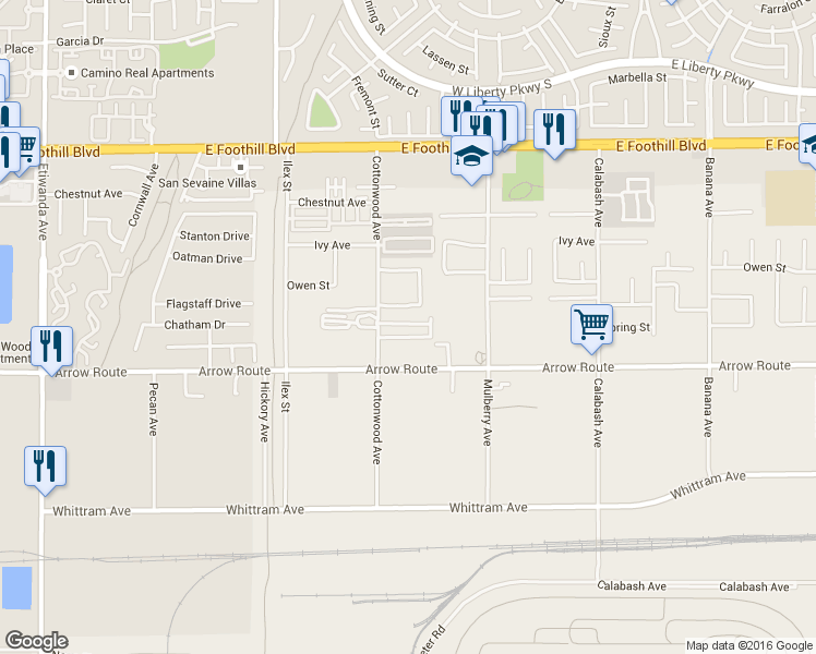 map of restaurants, bars, coffee shops, grocery stores, and more near 13536 Durango Avenue in Fontana