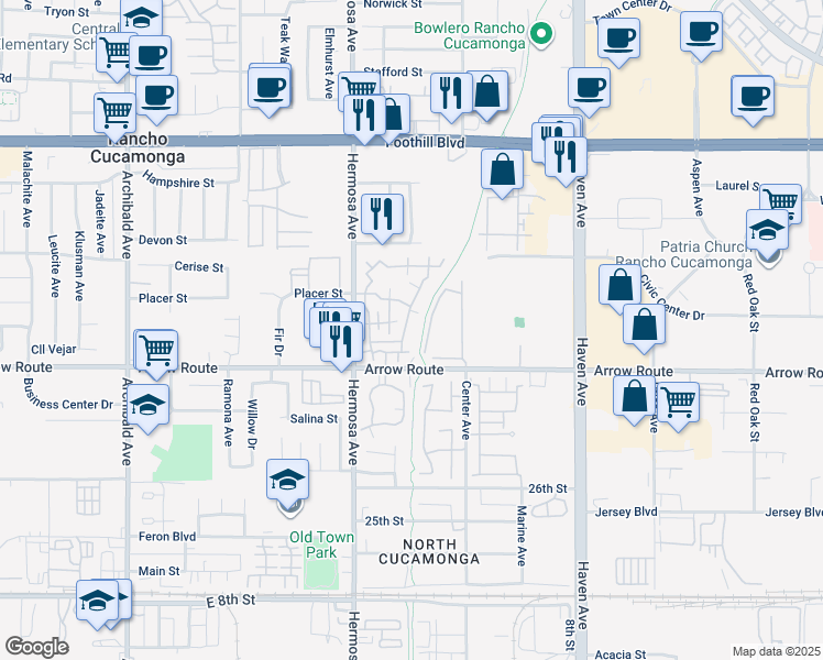 map of restaurants, bars, coffee shops, grocery stores, and more near 10244 Arrow Route in Rancho Cucamonga