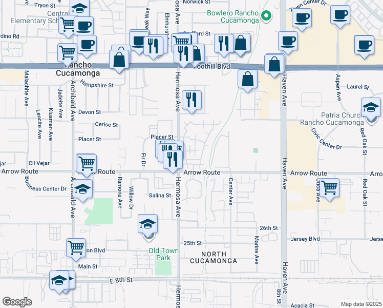 map of restaurants, bars, coffee shops, grocery stores, and more near 8421 Western Trail Place in Rancho Cucamonga