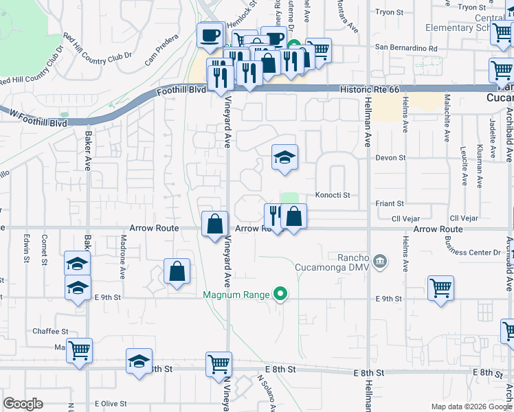 map of restaurants, bars, coffee shops, grocery stores, and more near 8323 Vineyard Avenue in Rancho Cucamonga