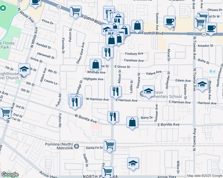 map of restaurants, bars, coffee shops, grocery stores, and more near 2984 North Garey Avenue in Pomona