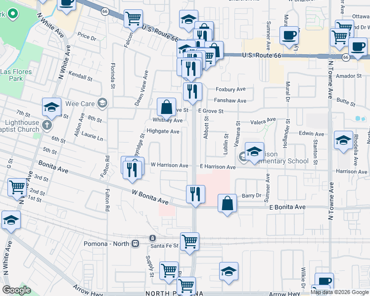 map of restaurants, bars, coffee shops, grocery stores, and more near 2969 Gladstone Street in Pomona