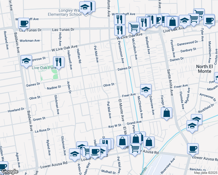 map of restaurants, bars, coffee shops, grocery stores, and more near 10639 Olive Street in Temple City