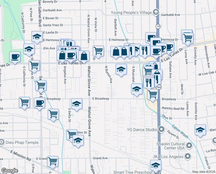 map of restaurants, bars, coffee shops, grocery stores, and more near 5571 North Burton Avenue in San Gabriel