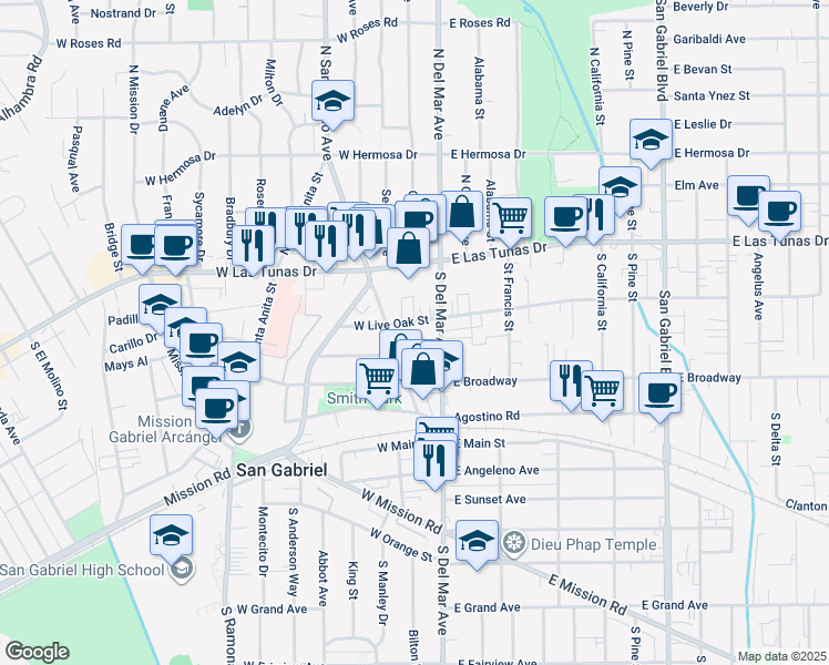 map of restaurants, bars, coffee shops, grocery stores, and more near 127 West Live Oak Street in San Gabriel
