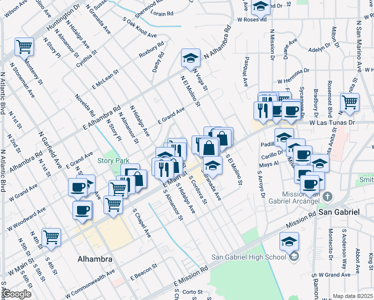 map of restaurants, bars, coffee shops, grocery stores, and more near 816 Lindaraxa Park South in Alhambra
