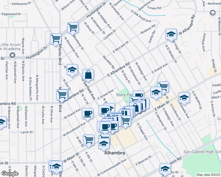 map of restaurants, bars, coffee shops, grocery stores, and more near 424 North Monterey Street in Alhambra