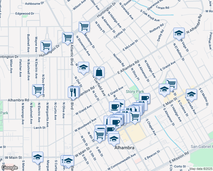 map of restaurants, bars, coffee shops, grocery stores, and more near 100 East Alhambra Road in Alhambra