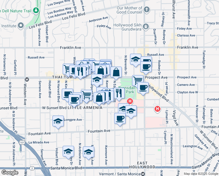 map of restaurants, bars, coffee shops, grocery stores, and more near 1643 1/2 North Kenmore Avenue in Los Angeles
