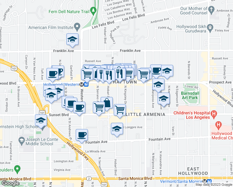 map of restaurants, bars, coffee shops, grocery stores, and more near 1640 North Hobart Boulevard in Los Angeles
