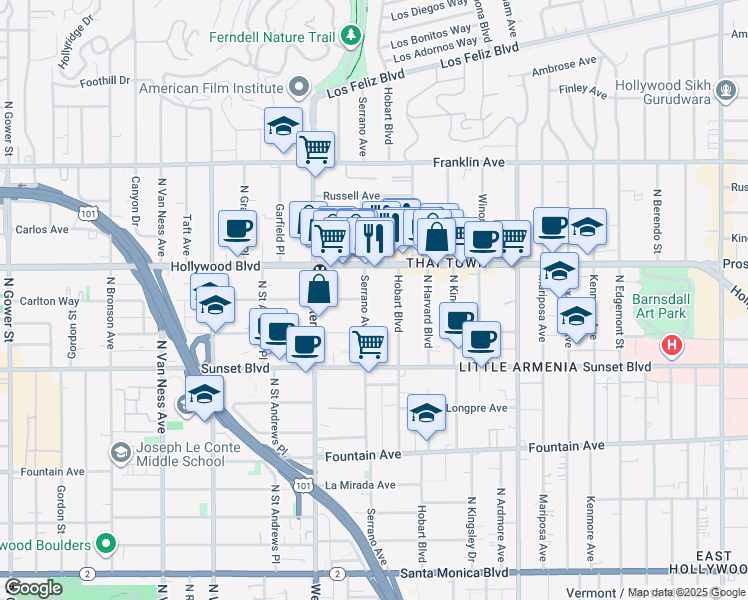 map of restaurants, bars, coffee shops, grocery stores, and more near 1635 North Hobart Boulevard in Los Angeles