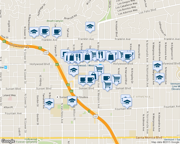 map of restaurants, bars, coffee shops, grocery stores, and more near 5545 Carlton Way in Los Angeles