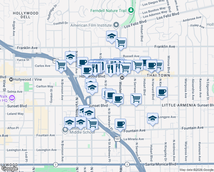 map of restaurants, bars, coffee shops, grocery stores, and more near 5545 Carlton Way in Los Angeles