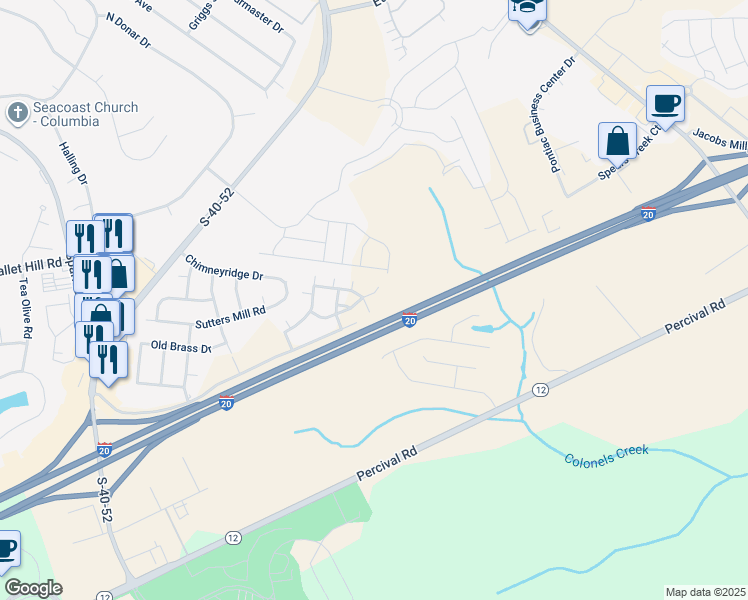 map of restaurants, bars, coffee shops, grocery stores, and more near Interstate 20 in Columbia