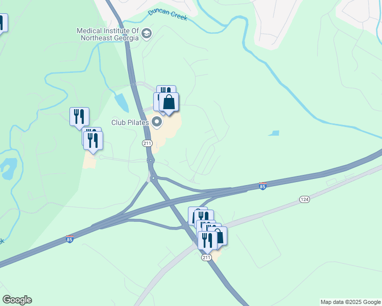 map of restaurants, bars, coffee shops, grocery stores, and more near 443 King Village in Braselton